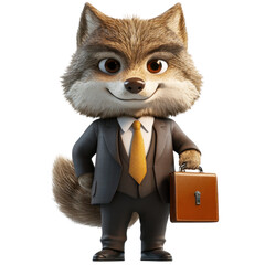 Charming cartoon wolf character in a business suit holding a briefcase
