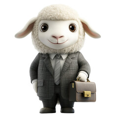 Business Sheep Character in Suit Holding Briefcase on White Background