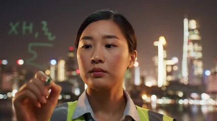 Woman in safety vest writing equations on glass at night with city skyline in the background - Powered by Adobe