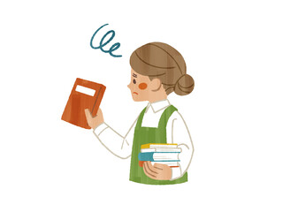 困った表情でで本を持っているエプロンを着用した女性-ガッシュ