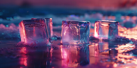 Three ice cubes glistening with pink and blue lights on wet surface background
