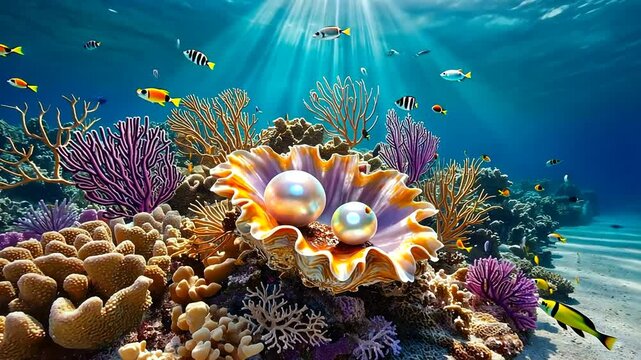 Underwater scene showcasing vibrant coral reefs with pearl oysters and colorful fish swimming