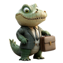 Cartoon alligator businessman in suit holding briefcase, standing proud