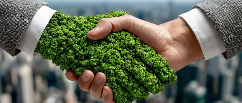 Eco-friendly handshake: A symbolic depiction of environmental partnership and corporate responsibility, featuring a handshake where one hand transforms into lush greenery.