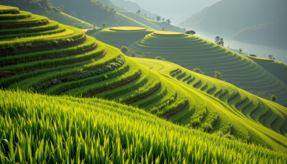 Fototapeta premium Green rice terrace field with vibrant sunlight on mountain slope creating peaceful rural landscape