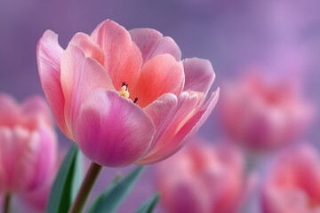 Pastel pink tulip on a blurred lavender backdrop, Easter holiday decor, gentle and joyful seasonal floral art