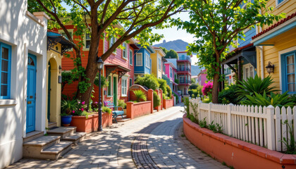 Obraz premium Colorful street with vibrant homes and lush greenery under bright sunlight, creating cheerful and inviting atmosphere