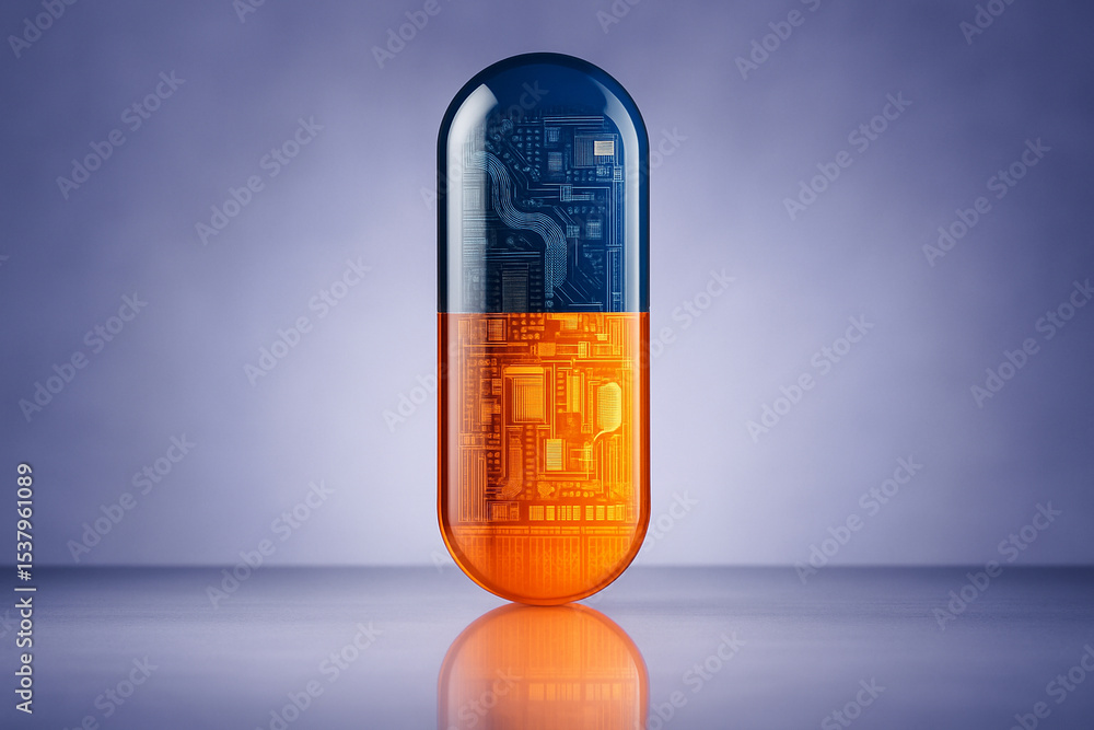 Poster ai generated image of a vertical capsule with blue and orange sections filled with intricate electro