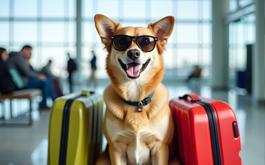 Pet vacation travel concept. A cheerful dog wearing sunglasses sits between colorful suitcases, embodying a fun travel vibe in an airport setting. travel. High quality
