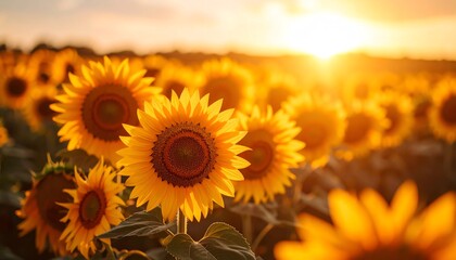 Obraz premium A vibrant field of sunflowers basking in golden sunlight, symbolizing warmth and positivity in a tranquil landscape.