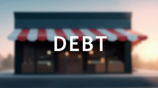 Bank loan default by small and medium-sized businesses concept. The word DEBT in the center of the image with a background of small and medium-sized shops.