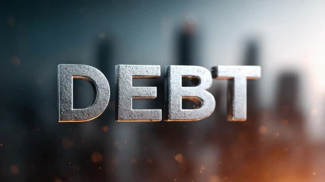 Bank loan default by small and medium-sized businesses concept. The word DEBT in the center of the image with a background of small and medium-sized shops.