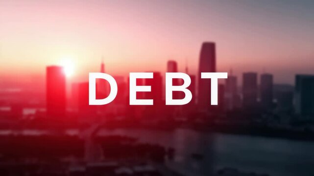 Bank loan default by small and medium-sized businesses concept. The word DEBT in the center of the image with a background of small and medium-sized shops.