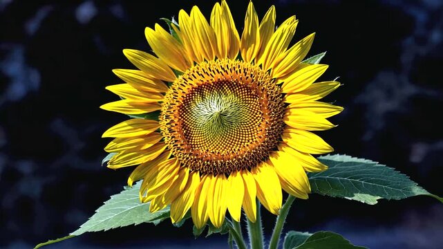 Vibrant sunflower blooming against a dark background, showcasing its intricate seed pattern