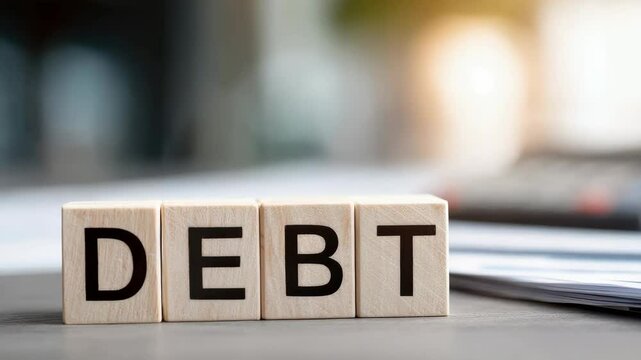 Bank loan default by small and medium-sized businesses concept. The word DEBT in the center of the image with a background of small and medium-sized shops.