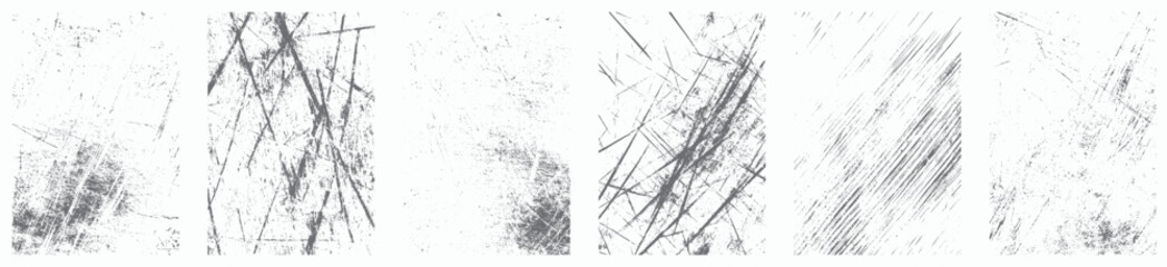 Overlay texture stamp set with grunge effect featuring old, damaged, dirty, grainy, and scratched surfaces. Collection of distressed black grain vector textures.