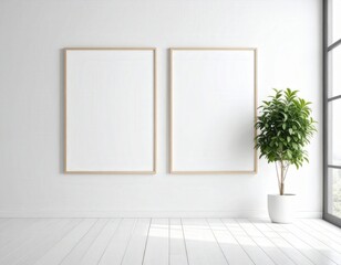 Minimalist interior with two blank frames and a potted plant near a window