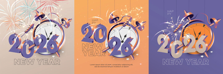 Happy new year 2026 square template with 3D hanging number. Greeting concept for 2026 new year celebration with fireworks
