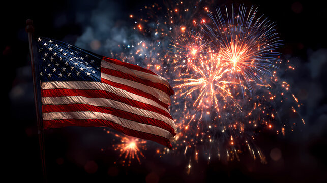 The American flag is waving in the wind with fireworks bursting behind it.