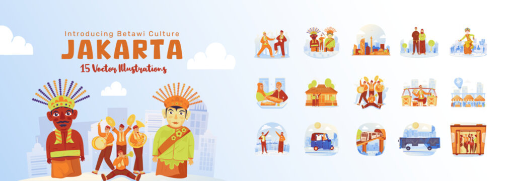 Illustration set of Betawi culture for Jakarta anniversary celebration vector design