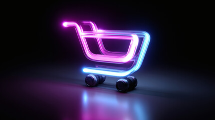 Neon shopping cart icon glowing in purple and blue hues on a dark background, symbolizing digital or online shopping.