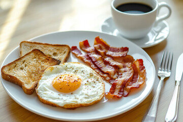 Homemade American breakfast. Fried eggs with bacon and toast, a cup of coffee, a knife and fork on a wooden table. Healthy breakfast. The concept of healthy eating. Morning Sunlight