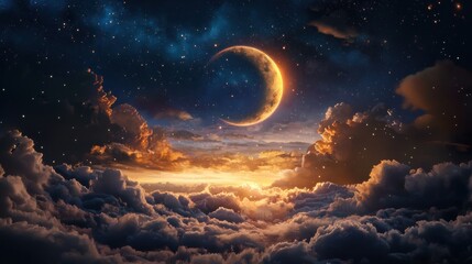 A beautiful moon reflecting soft light in the dark sky surrounded by gentle clouds creating a peaceful scene
