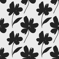 Flowers seamless pattern with floral black ink leaves on a white background. Hand drawn brush painting plant illustration. Nature botanical endless background.