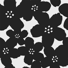 Flowers seamless pattern with floral black ink leaves on a white background. Hand drawn brush painting plant illustration. Nature botanical endless background.