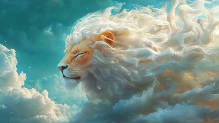 Majestic lion roaring in the sky surrounded by soft clouds, representing strength and freedom in a dramatic scene
