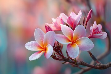 Pink frangipani (plumeria) on a soft peach glowing background, beachy and serene tropical aesthetic