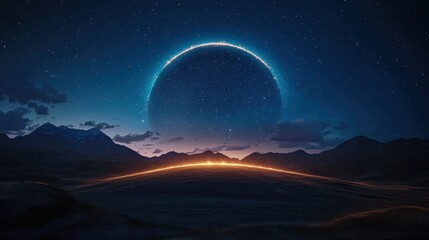 Enigmatic planet emitting a bright light from its center, capturing the imagination with its cosmic energy and mystery