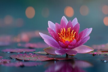 Pink lotus flower floating on a mirror-like water surface with soft bokeh, serene and zen floral photography