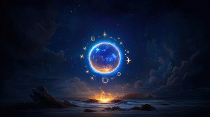 Vibrant blue planet surrounded by a bright orange star in the center emphasizing cosmic wonder and celestial beauty