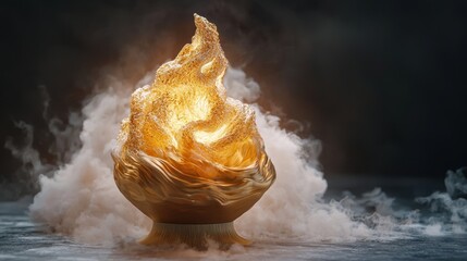 Enigmatic golden egg exuding wisps of smoke surrounded by mystical elements creating a captivating fantasy scene