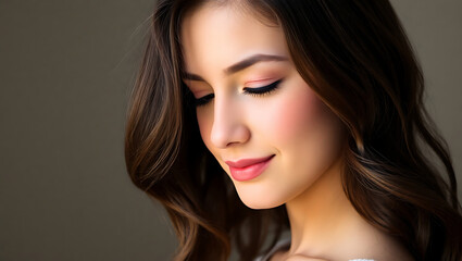 Fototapeta premium close up portrait of a young woman with dark brown hair, soft glowing skin, closed eyes, serene expression, moody lighting, cinematic portrait, realistic digital art, highly detailed, 4K and HD image