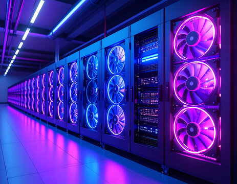 Rows of powerful servers hum in a brightly lit data center, their cooling fans glowing with vibrant purple and blue light.