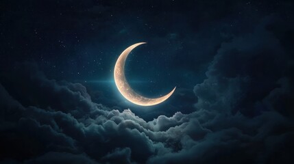 Enchanting crescent moon hanging gracefully in a deep blue sky surrounded by fluffy clouds creating a dreamy scene
