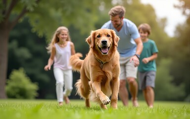 Smiling Beautiful Family of Four Play Fetch flying disc with Happy Golden Retriever Dog on the Backyard Lawn. Idyllic Family Has Fun with Loyal Pedigree Dog Outdoors in Summer House Backyard