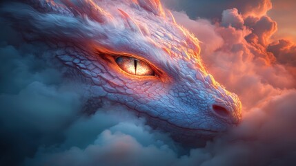 Fiery dragon roaming through the cotton candy clouds of a bright blue sky creating a whimsical fantasy scene