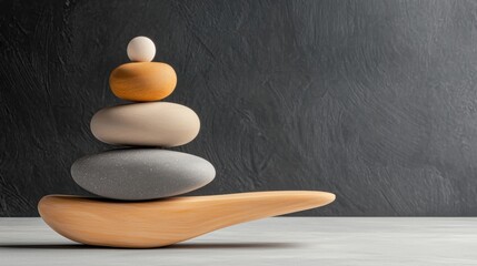 Natural stack of rocks forming a balanced tower on a serene beach with soft waves in the background