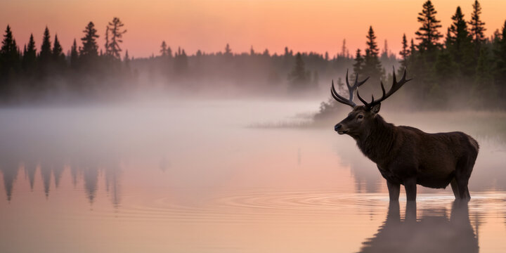 Elk with large antlers standing in a misty lake at sunrise. Canadian deer in wilderness landscape with copy space for text