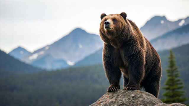 Grizzly bear standing on a rock in a mountain landscape. Symbol of Canadian wilderness and strength. Copy space for text.
