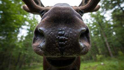 Extreme close-up of a moose's nose. Funny wide-angle shot of a moose.