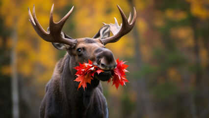 Moose with a mouthful of red maple leaves. Funny Canadian wildlife portrait with an autumn theme.