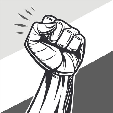 A clenched fist raises high in protest with motion lines emphasizing action.