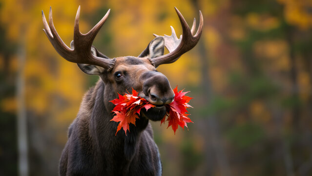 Moose with a mouthful of red maple leaves. Funny Canadian wildlife portrait with an autumn theme.