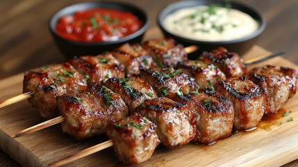 Wooden board of grilled pork skewers with sauces
