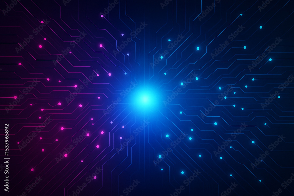 Poster ai generated sci fi circuit board illustration with glowing magenta and cyan paths flowing toward a 