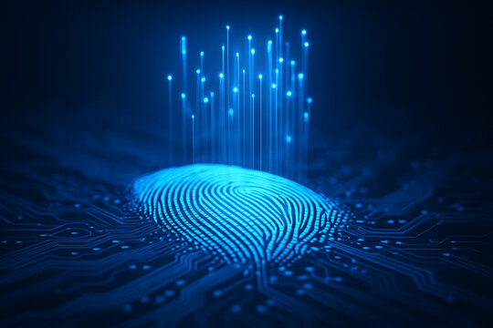 AI generated glowing fingerprint on circuit board with rising light beams representing biometric scanning identity verification and digital security system